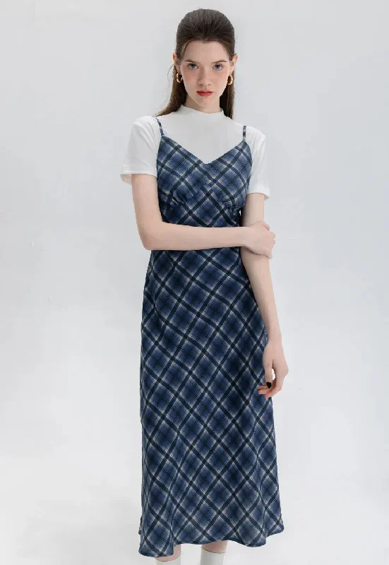 Sleeveless Plaid Midi Slip Dress with Adjustable Straps