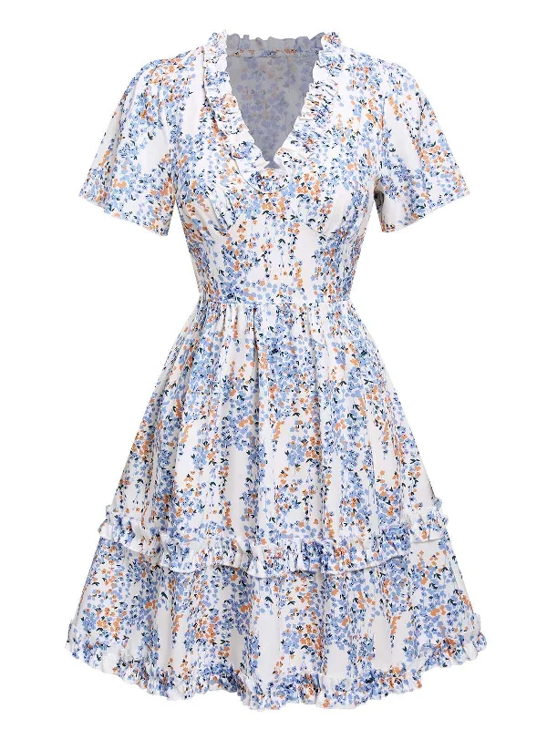 1950s V-Neck Ditsy Floral Wrinkle Dress