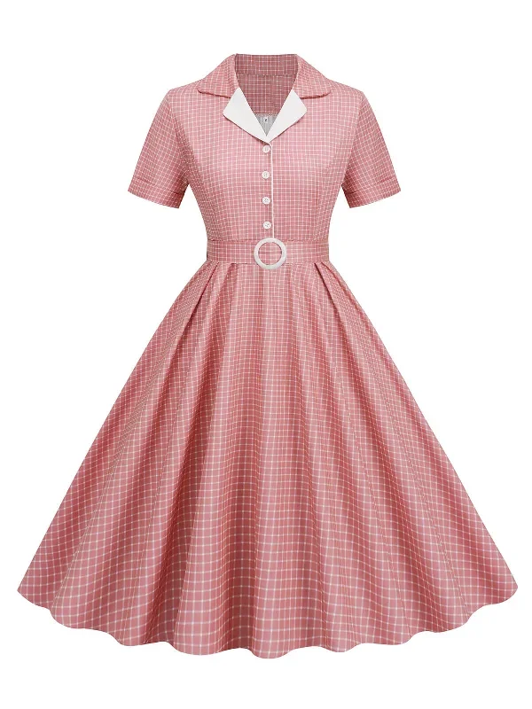 1950s Window Pane Plaid Lapel Swing Dress