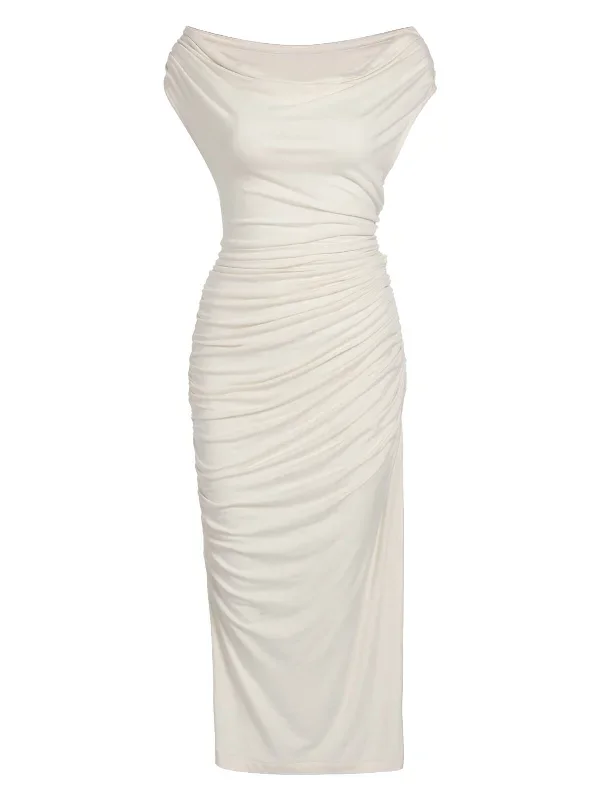 Ivory 1960s Cap Sleeve Slim Pleated Dress