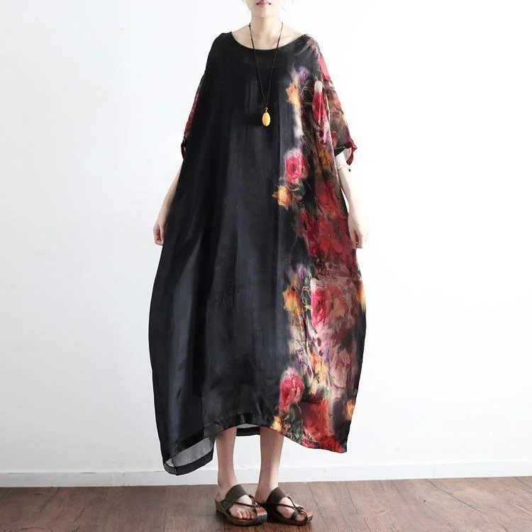 2022 black prints silk dresses plus size sundress patchwork short sleeve maxi dress