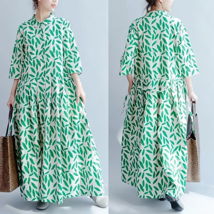 2017 green prints summer dress linen casual plus size sundress bracelet sleeved maxi dress