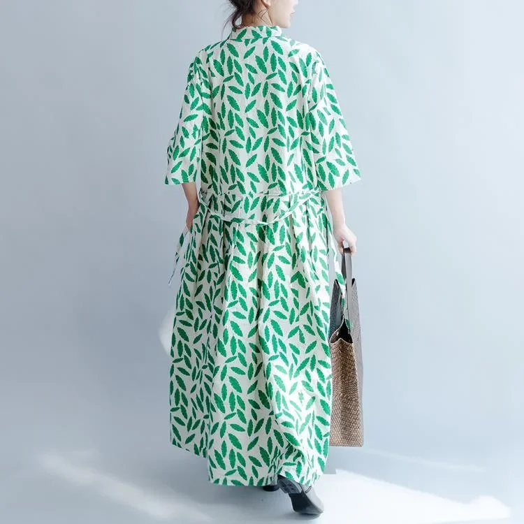 2017-green-prints-summer-dress-linen-casual-plus-size-sundress-bracelet-sleeved-maxi-dress