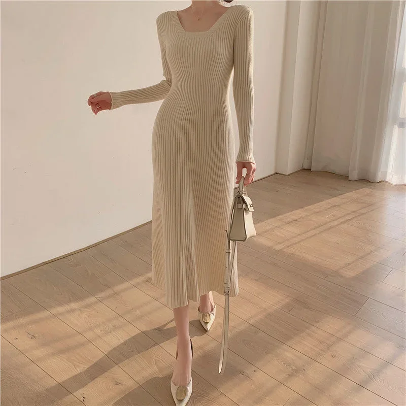 Julia Fashion - Women's Kintted Square Collar Long Sleeve Midi Dresses