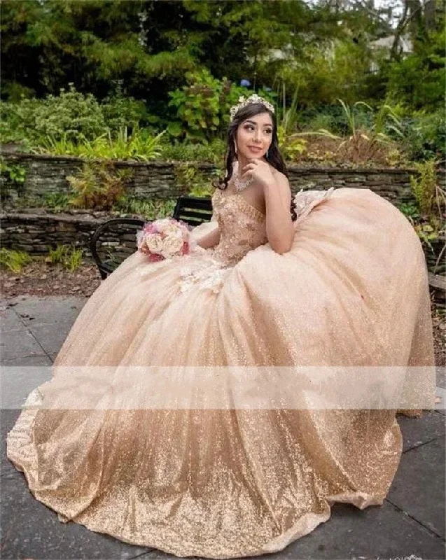 Princess Champagne Ball Gown Quinceanera Dresses Beaded Appliques Sweet 16 Dress With Bow vestidos de 15 anos