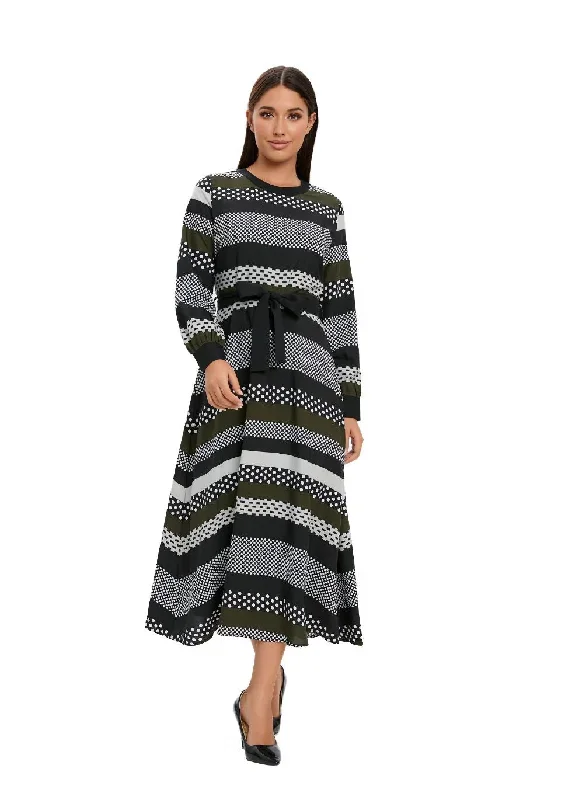 Striped Long Sleeve Midi Dress with Cuffed Sleeves