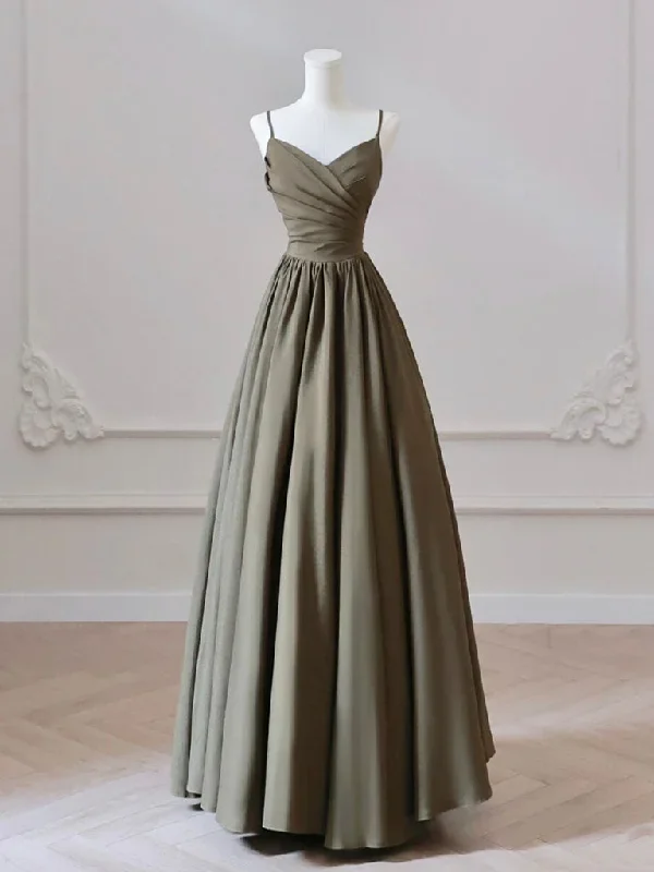 A-Line V Neck Satin Olive Green Long Prom Dress, Olive Green Long Formal Dress