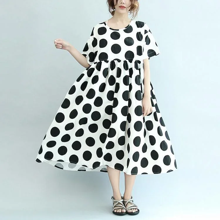 Beige White Dotted Stylish Cotton Dresses Plus Size High Waist Sundress Short Sleeve Maxi Dress