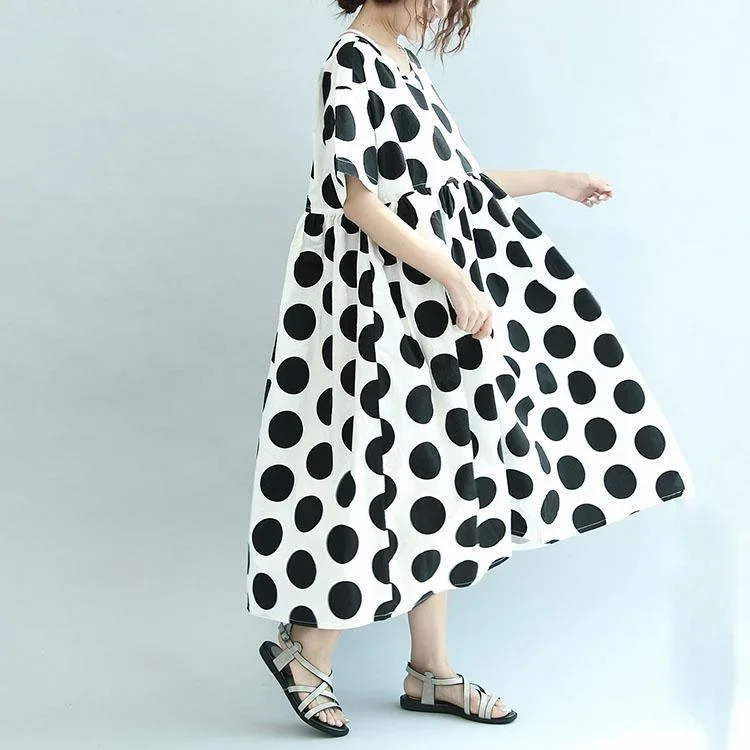 beige-white-dotted-stylish-cotton-dresses-plus-size-high-waist-sundress-short-sleeve-maxi-dress