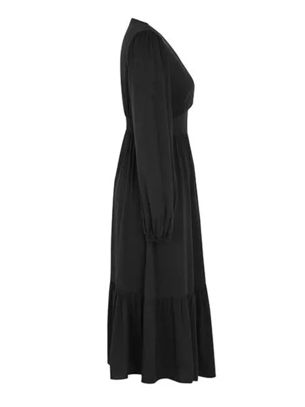 black-1960s-v-neck-puff-sleeve-solid-dress