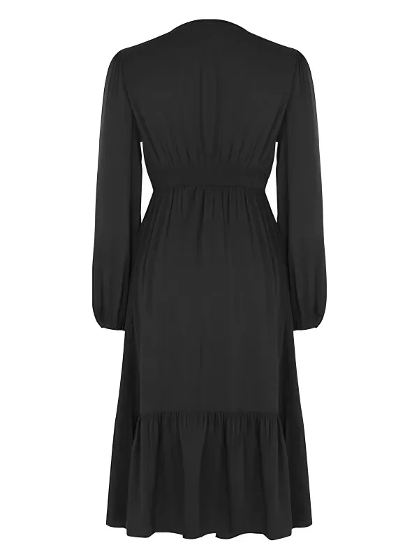 black-1960s-v-neck-puff-sleeve-solid-dress