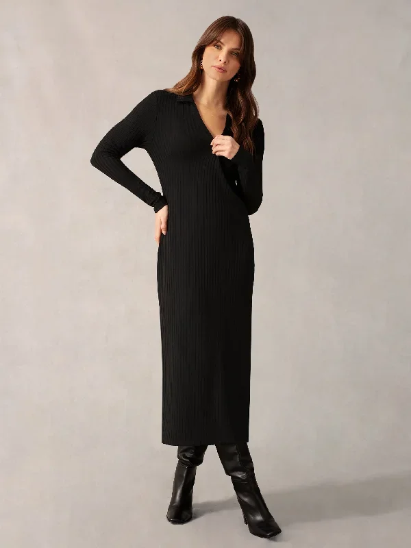 Black Collared Ribbed Jersey Dress