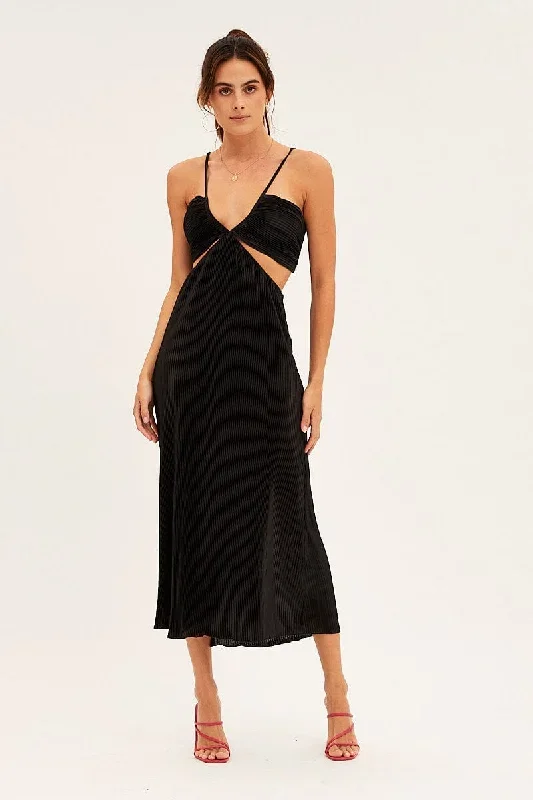 Black Plisse Midi Dress Tie Back