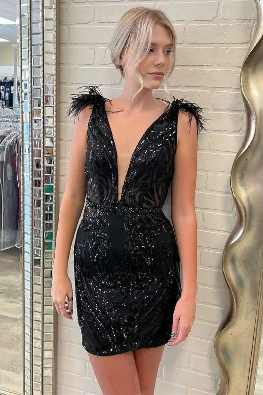 black-plunge-v-feathers-short-party-gown