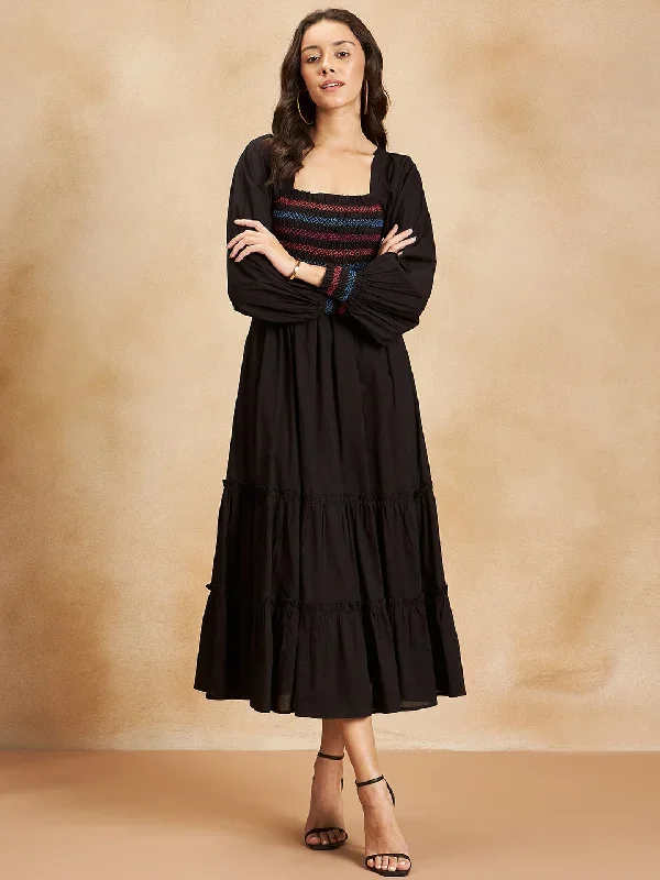 Black Solid Smocked Tiered Maxi Dress