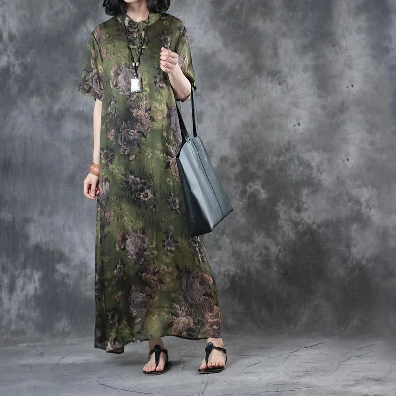 blackish green floral casual silk sundress oversize vintage dresses Chinese Button maxi dress