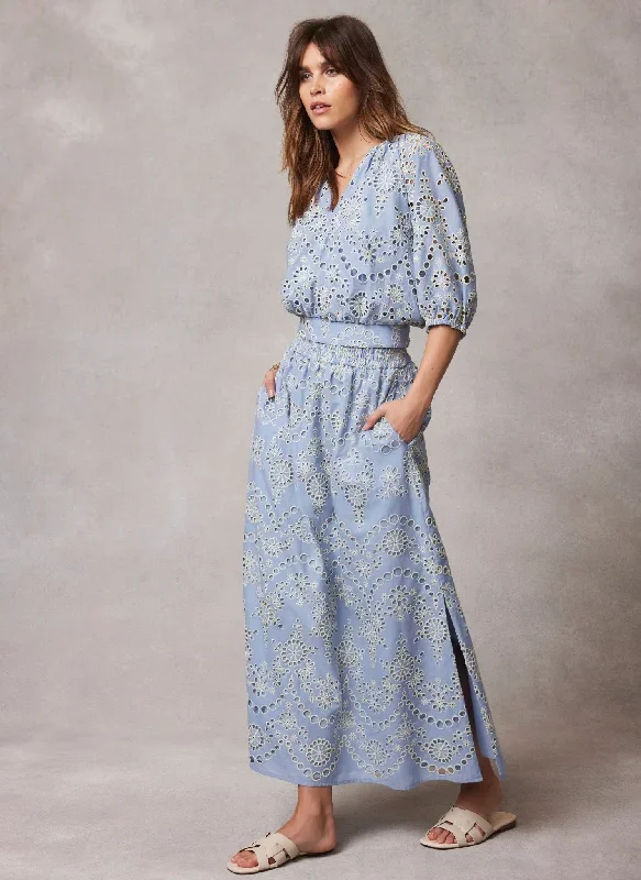 Blue Broderie Cotton Midi Skirt