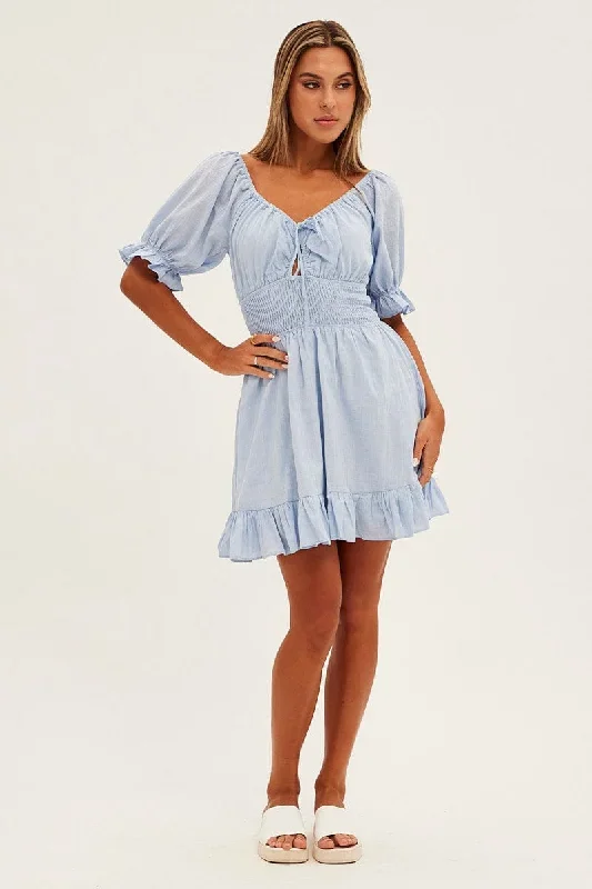 blue-mini-dress-fit-flare-puff-sleeve-v-neck-dd1024b-34p