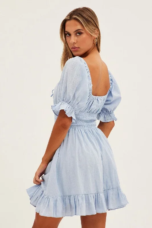 blue-mini-dress-fit-flare-puff-sleeve-v-neck-dd1024b-34p