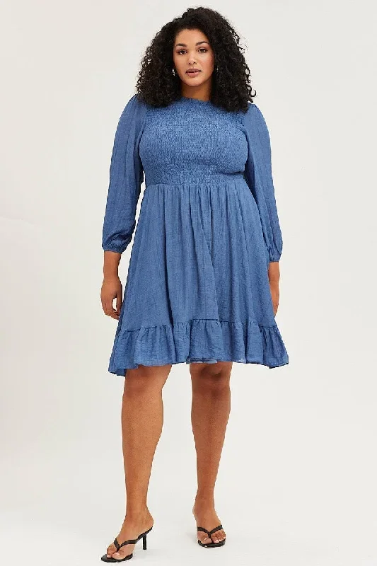 blue-skater-dress-round-neck-long-sleeve-shirred-ced31552-43ab