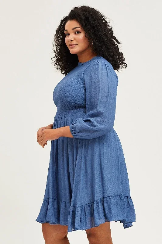 blue-skater-dress-round-neck-long-sleeve-shirred-ced31552-43ab