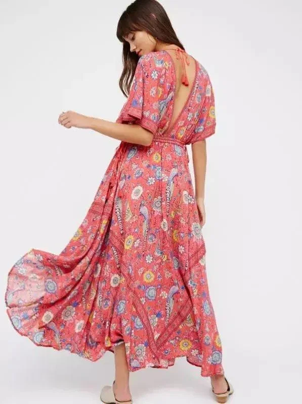 JuliaFashion-Boho Vibes Floral Print Plunging Neck Maxi Dress