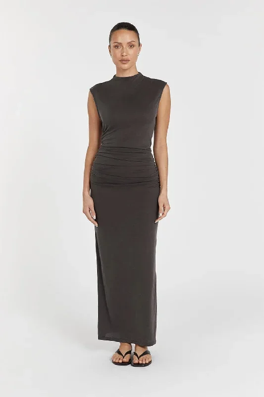 BOSTON SLATE RUCHED MIDI DRESS