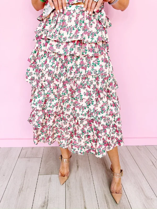 BRIDGET BLOOMS TIERED MIDI SKIRT