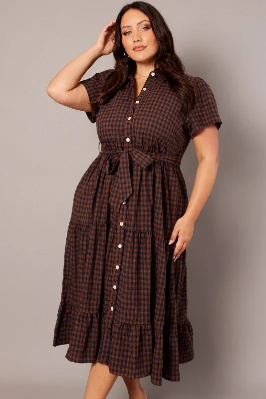 Brown Check Midi Dress Short Sleeve Shirt Tiered