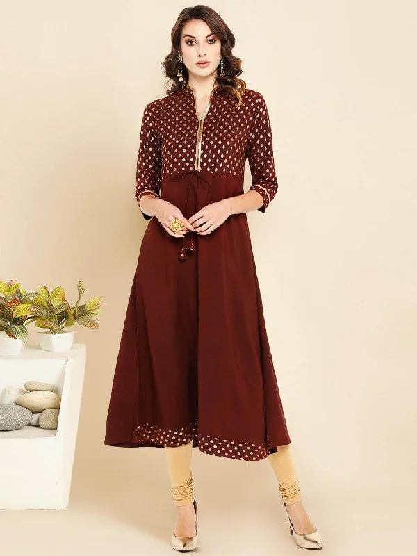 Brown Poly Crepe Gold Print A-line Kurta