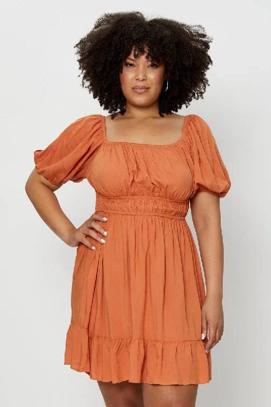 Brown Skater Dress Square Neck Puff Sleeve Shirred