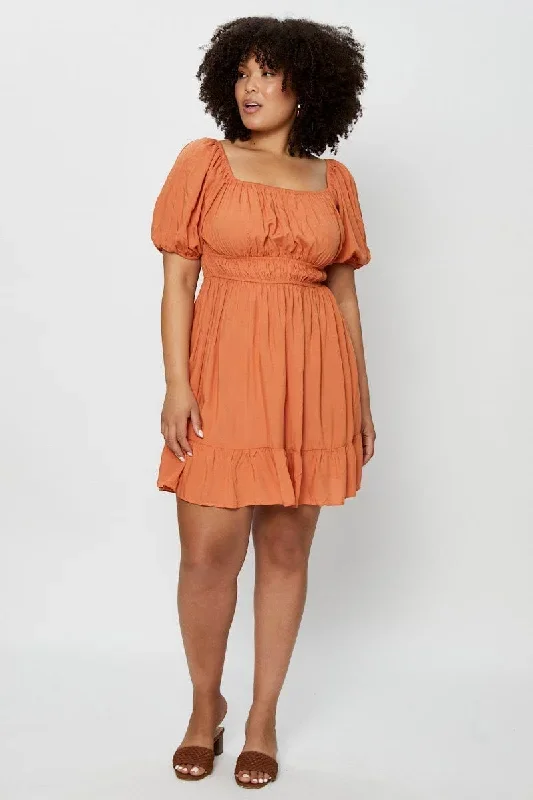 brown-skater-dress-square-neck-puff-sleeve-shirred-cdd25550-33lb-2