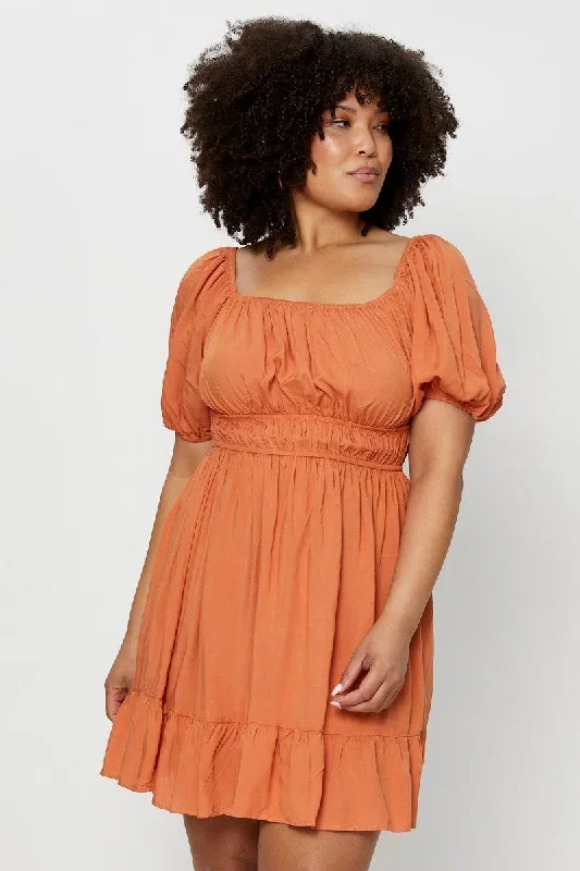 brown-skater-dress-square-neck-puff-sleeve-shirred-cdd25550-33lb-2