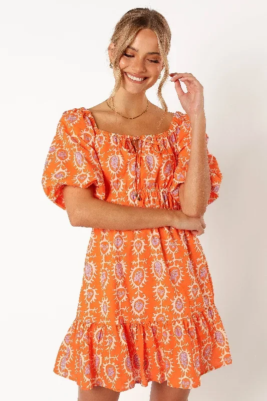 Carmen Off Shoulder Mini Dress - Orange Print