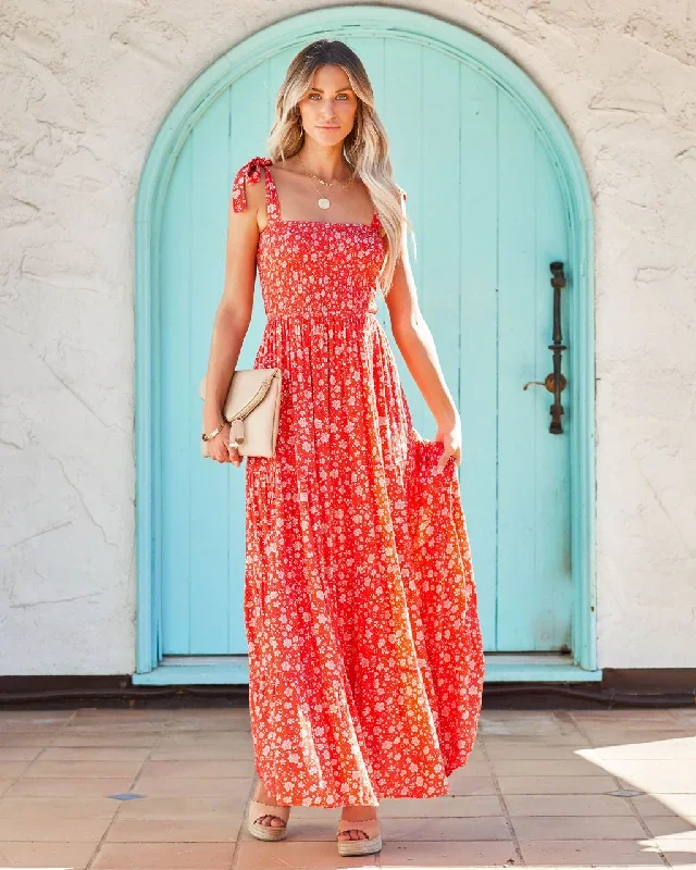 Claira Floral Tie Strap Maxi Dress - Orange