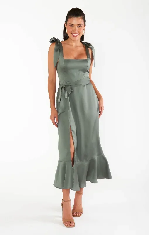 Claire Midi Dress ~ Deep Sage Luxe Satin