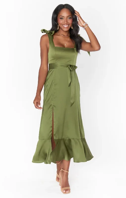 Claire Midi Dress ~ Rich Olive Luxe Satin