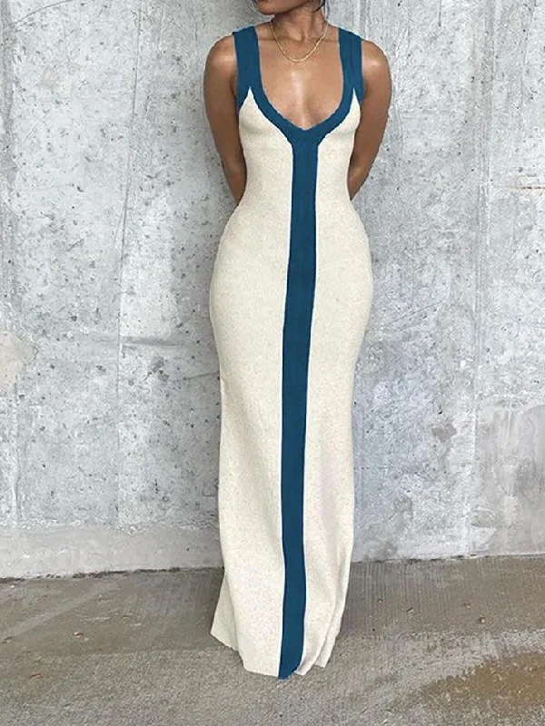 Colorblock V-neck Knit Split Maxi Dress