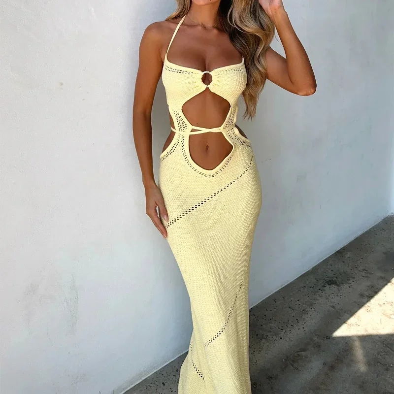 FashionSierra - Women's Sleeveless Knit Long Summer Spring Solid Color Halter Front Cutout Back Maxi Dress