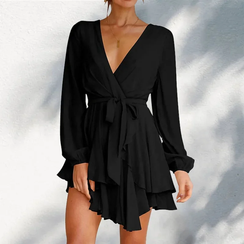 JuliaFashion - Deep V-Neck Full Sleeve Waist Tie Ruffle Swing Short Skater Party Solid Color Casual Summer Spring Mini Dress