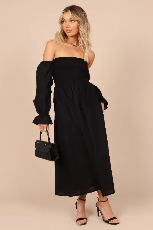 Domenica Shirred Long Sleeve Midi Dress - Black