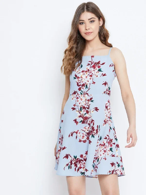 Berrylush Women Blue Floral Printed Square Neck A-Line Mini Dress