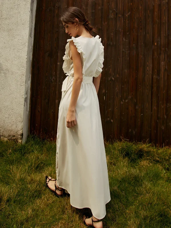 elegant-ruffle-trim-belted-long-dress