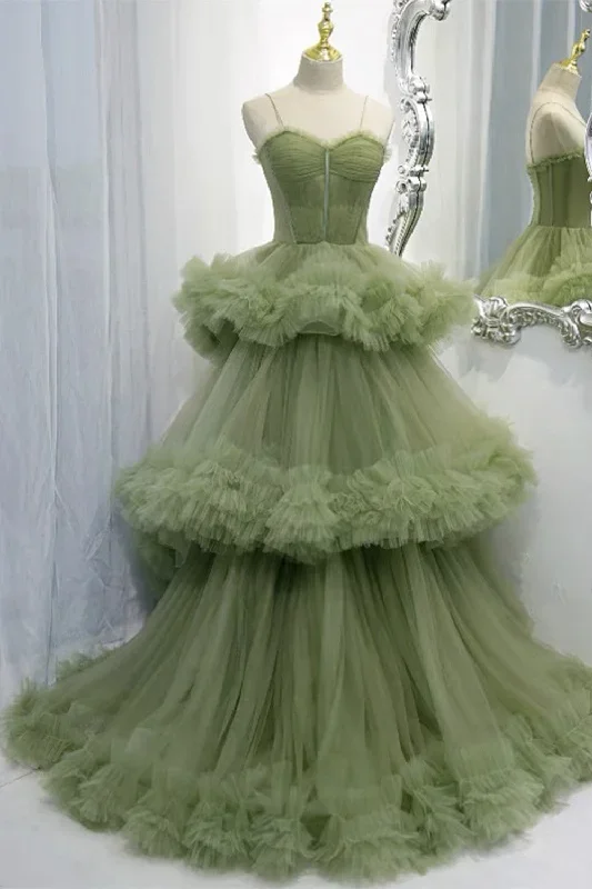 Elegant Straps Pleated Green Tiered Tulle Formal Dress