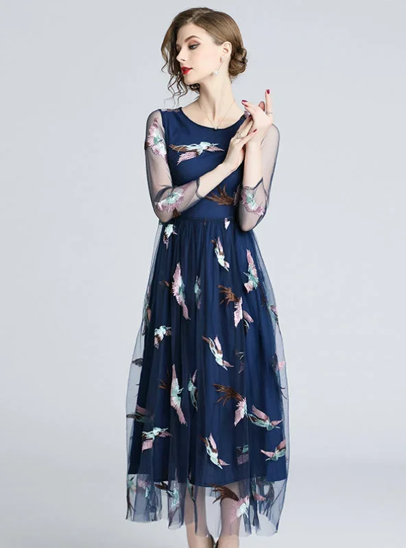 Embroidery Mesh Maxi Dress 2018 Illusion Neck