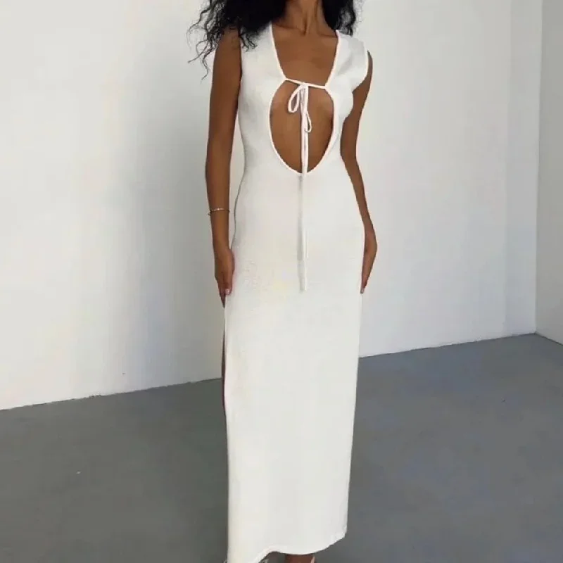 Knit Hollow Out Elegant Backless Sexy V-Neck Maxi Dress