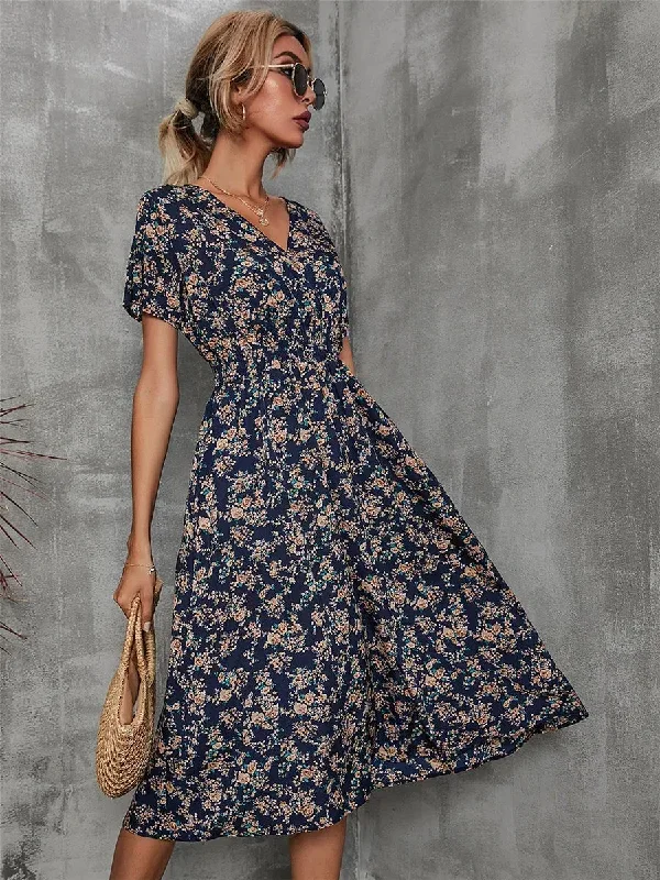 Floral Loose Casual Short Sleeve Turn Down Collar Lace Up Midi Dress