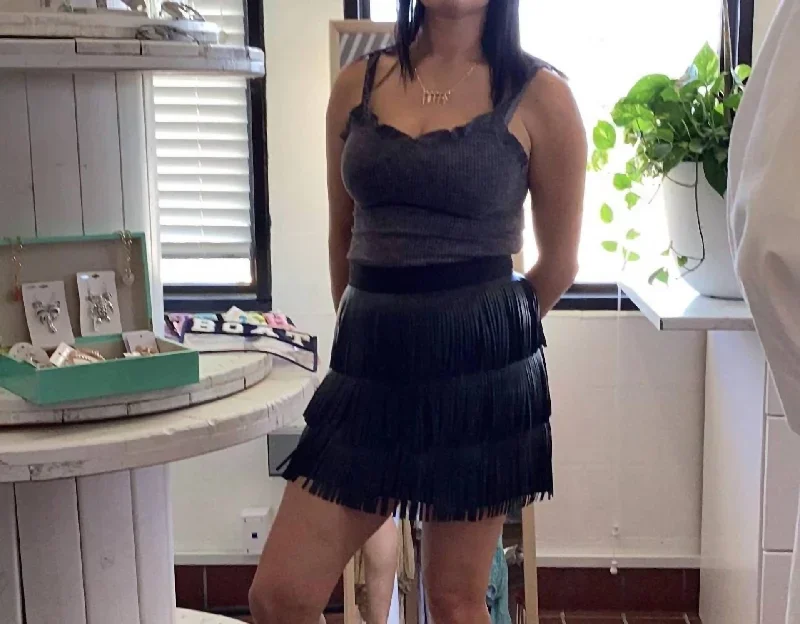 Faux Leather Fringe Mini Skirt In Black