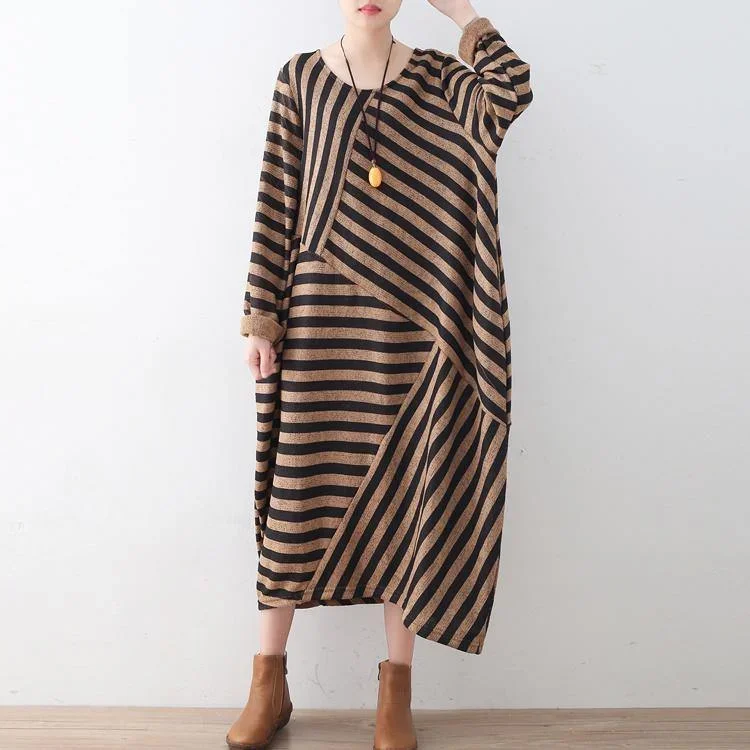 Fine Brown Striped Fall Dress Loose Fitting O Neck Vintage Patchwork Pockets Caftans