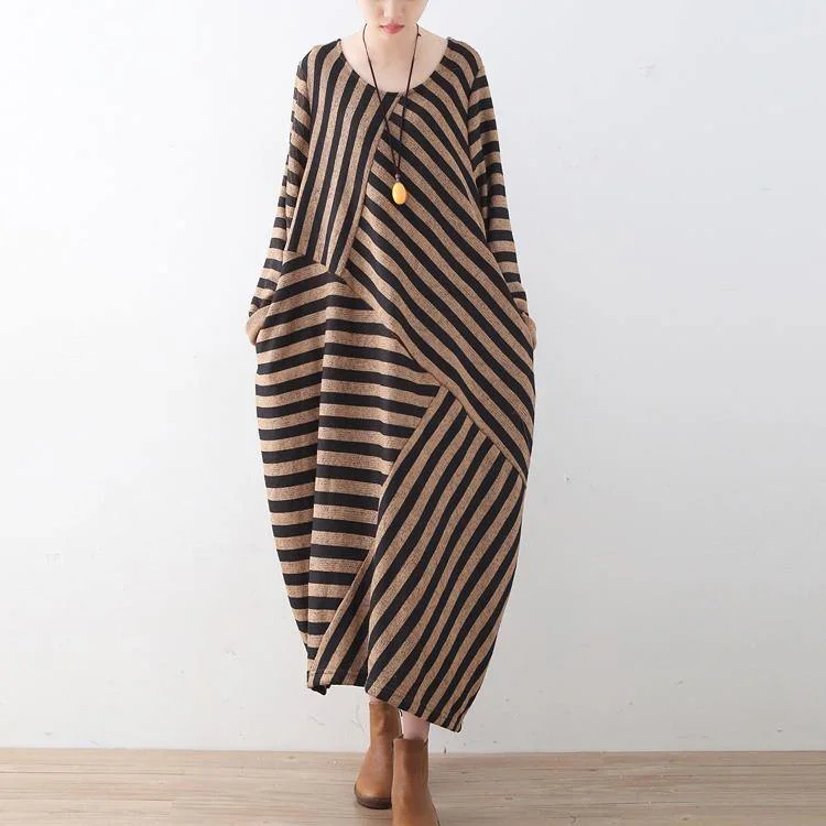 fine-brown-striped-fall-dress-loose-fitting-o-neck-vintage-patchwork-pockets-caftans